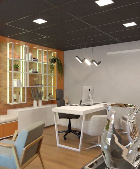 Sala reservada onde ocorre gravações de vídeos e reuniões por vídeo chamada sobre marketing e vendas